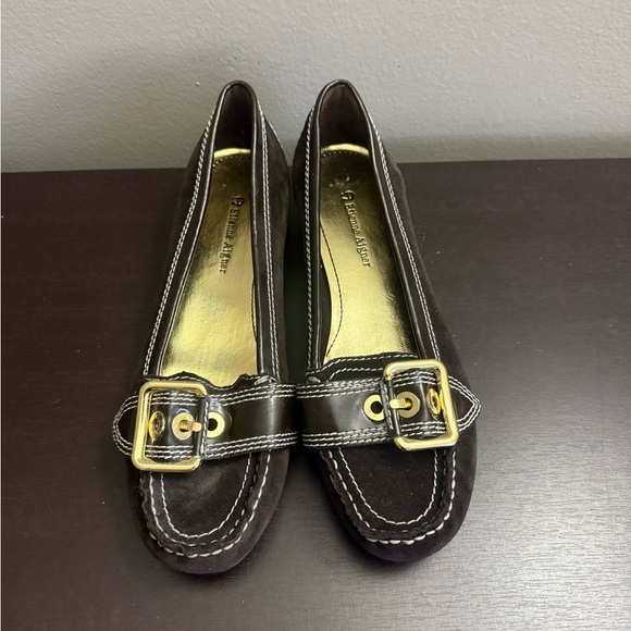 Etienne Aigner Solo Black Suede Gold Buckle Slip On Loafers 7.5M Comfort - Picture 2 of 6